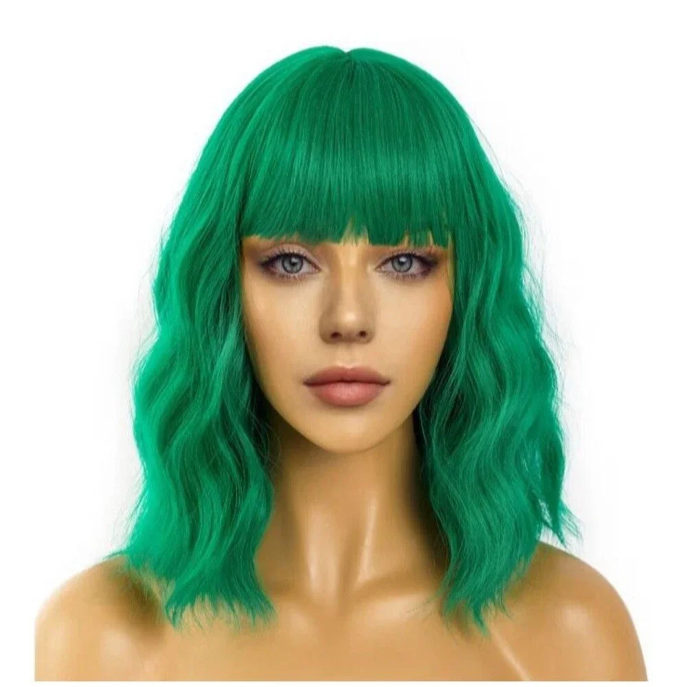 Short Bob Wigs with Bangs Loose Wavy Wig Curly Wavy Shoulder Length Green